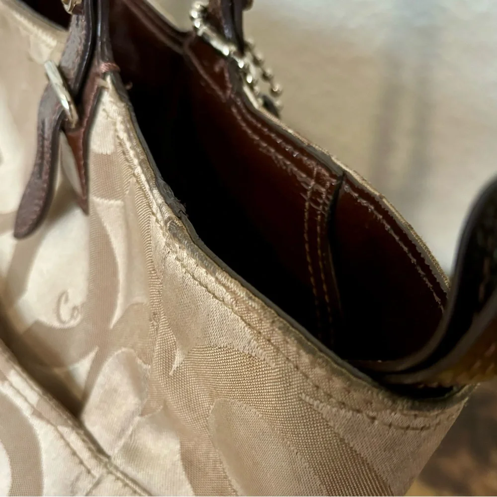 Coach Canvas Leather Tote Madison Tribeca Op Art Small Gold Tan Brown Pink Satin - Picture 13 of 15
